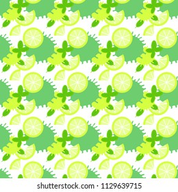 Seamless pattern glass of mojito, ice cubes, mint leaves, lime slice and whole lime. Vector illustration in flat style. Summer green drink. Cold mojito cocktail print