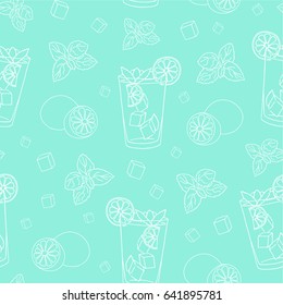 Seamless pattern glass of mojito, ice cubes, mint leaves and lime slice outline. White outline of the cocktail on a turquoise background. Hand drawing. Vector illustration.