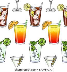 Seamless pattern of glass of mojito, Long Island Ice Tea, Dry Martini Cocktail and Sex on the Beach cocktail on a white background. Hand drawing alcohol cocktail. Vector illustration in cartoon style.