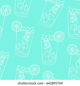 Seamless pattern glass of mojito outline. White outline of the cocktail on a turquoise background. Hand drawing. Vector illustration.