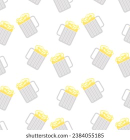 Seamless pattern with glass mugs with foamy beer. Drink background. Print, vector