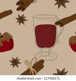 seamless pattern with a glass of mulled wine, cinnamon, anise and caramelized apple on beige background. hand drawn vector