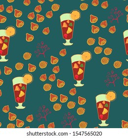 Seamless pattern with glass of mulled wine with pieces of apple and orange inside, hazelnuts and berries on turquoise background. Hand drawn style. Christmas or new year vector illustration.