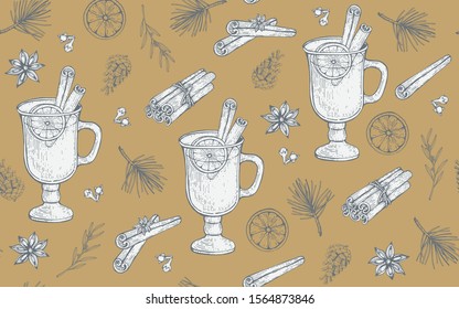 Seamless pattern with glass of Mulled wine, pine cones and branches. Hand-drawn vector illustration.