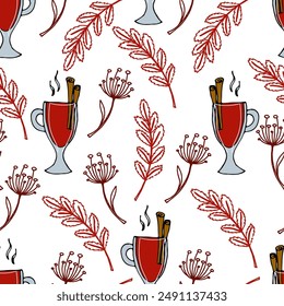 Vidrio sin costura del modelo con el vino caliente y la canela, las ramas secas y las hojas serpenteantes - fondo blanco cuadrado del Vector del otoño para el embalaje, textil, Fondo de pantalla