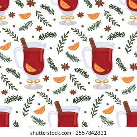 Seamless pattern with glass of mulled wine, fir branches, orange and spices. Flat background with hot drink and pines