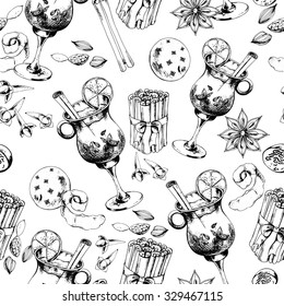 Seamless  pattern with glass of Mulled wine and spices. Hand-drawn vector illustration.