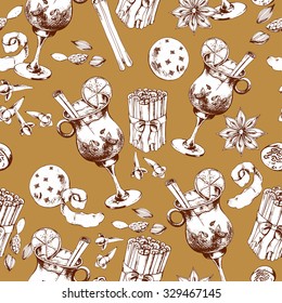Seamless  pattern with glass of Mulled wine and spices. Hand-drawn vector illustration.
