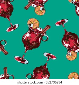 Seamless  pattern with glass of Mulled wine . Hand-drawn vector illustration.