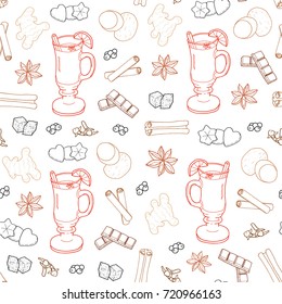 Seamless pattern from a glass of mulled wine, cinnamon, nutmeg, cloves, ginger, black pepper, anise, chocolate and cane sugar on a white background. Hand drawing. Vector illustration.