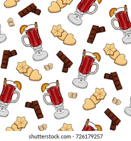Seamless pattern from a glass of mulled wine, cane sugar, chocolate segments and cookies on a white background. Hand drawing. Vector illustration.