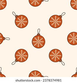 Seamless pattern with glass red Christmas ball with snowflake. Colorful vector illustration doodle hand drawn. New Years symbol, holiday element, print for wrapping or fabric