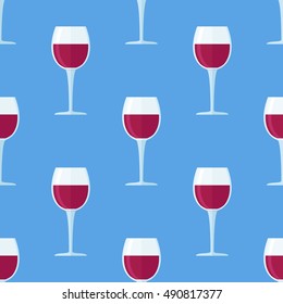 Seamless pattern with glass of red wine on blue background. Vector texture.