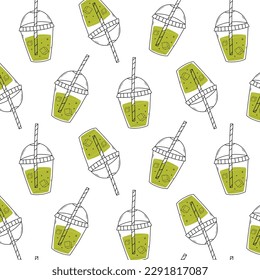 Seamless pattern with glass of smoothie in doodle style. vector illustration. Smoothie, lemonade or cocktail print.