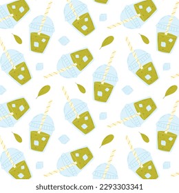 Seamless pattern with glass of smoothie in doodle style. vector illustration. Smoothie, lemonade or cocktail print.