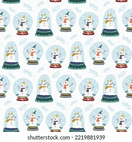 Seamless pattern of glass snow globe with snowman. 