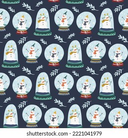 Seamless pattern of glass snow globe with snowman. 
