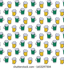 Seamless pattern of glass tankards of frothy beer, yellow color