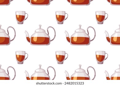 Seamless pattern with Glass Teapot and cup with tea. Hand drawn Flat vector illustration for wallpaper, textile, wrapping. Kitchen utensils. Tea party and tea time. Modern endless print design