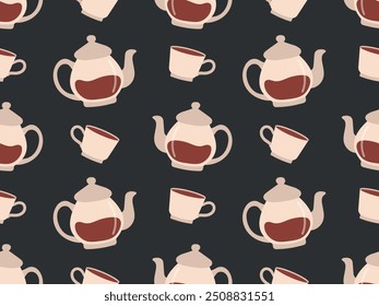 Seamless pattern with glass teapot and cup on black background. Vector illustration of teapot with tea, suitable for textiles, wrapping paper, background