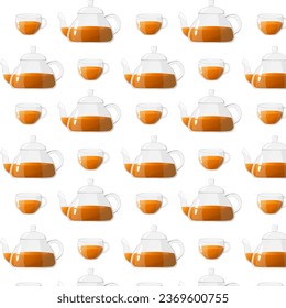 Seamless pattern glass teapots and cups with tea. Glass tea kettles for boiling water, tableware for tea ceremony at home. Healthy drinks concept.