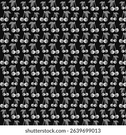 Seamless pattern glass transparent cherry on dark background. For sticker and t shirt design, posters, logos, labels, banners, stickers, product packaging design, etc.