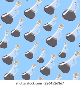 seamless pattern with glass transparent jug with dark liquid in a semi-realistic style. Soy sauce in glass in vector. 