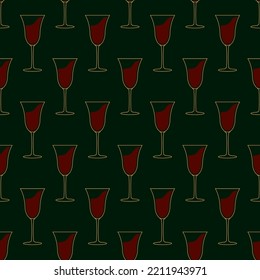 Seamless pattern with glass of wine. Alcohol drink in art deco style. Golden icon of cocktails style of the 1920s-1930s. Vintage design for print on wrapping paper, wallpaper. Vector illustration