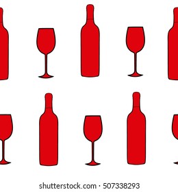 Seamless pattern glass of wine and wine bottle. Red wine print. Alcohol background. Hand drawing wine. Vector illustration red wine. Silhouette wine glass. Silhouette wine bottle. Alcohol party.