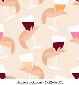 seamless pattern, glass of wine in hand. female hand holds glass of wine. alcoholic drink in glass. Illustration in flat style. white, red, orange, rose wine. full glass wine in graceful hand of girl.