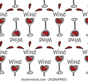 Seamless pattern with a glass of wine on a white background.Pattern with text in doodle style.