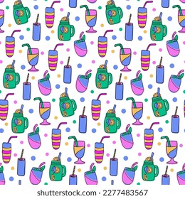 Seamless Pattern from Glasses with Alcohol. Cocktail, Cocktail bar concept. Black Thin Linear Contour. Simple flat style. Vector illustration.