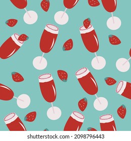 Seamless pattern from glasses with alcoholic drink and strawberries. Vector illustration. 