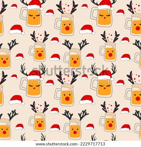 Seamless pattern with Glasses of beer with Christmas accessories