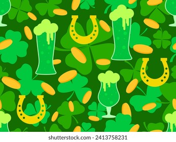 Patrón sin inconvenientes con vasos de cerveza, monedas de oro, herraduras y hojas de trébol para el Día de San Patricio. Gafas de cerveza verde de diferentes formas. Diseño de papel pintado y cubierta. Ilustración del vector