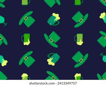 Seamless pattern with glasses of beer and leprechaun hat for St. Patrick's Day. Green mugs of beer with foam. Irish holiday. Festive design for wallpaper, banner and cover. Vector illustration