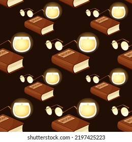 Seamless pattern with glasses, book and burning candles on dark brown background. Book day, book time