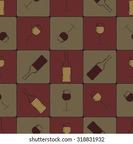 Seamless pattern of glasses and bottles with red and white wine.