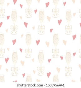 Seamless pattern of glasses with champagne and hearts on a white background