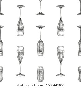 Seamless pattern with glasses of champagne. Ink sketch isolated on white background. Hand drawn vector illustration. Retro style.