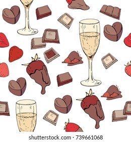 Seamless pattern with glasses of champagne, strawberry and chocolate. Festive endless texture