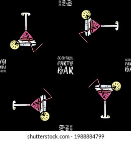 Seamless pattern of glasses with cocktail, bubbles and lemon slices, straws on a black background. Icon for bar and club, website, party, cafe menu, bar menu, restaurant design, textile. Phrase