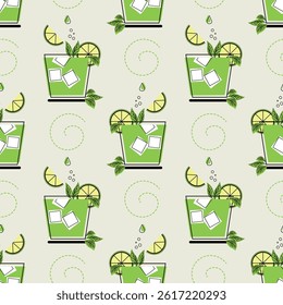 Patrón sin fisuras, vasos con cóctel, cubitos de hielo y rodajas de frutas. Impresión, fondo, textil