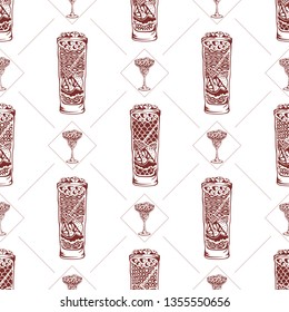 Seamless pattern with glasses and cocktails on a white background. Vector illustration