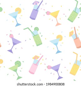 Seamless pattern with glasses of cocktails on the white background