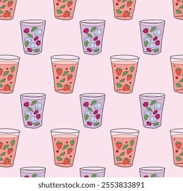 Seamless pattern with glasses of fruit and berry cocktails, iced tea. Decorative background. Hand-drawn style. Refreshing drinks. Perfect for summer-themed designs. Flat vector illustration. 