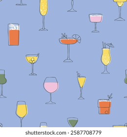 Seamless pattern with glasses and goblets of alcoholic drinks on a blue background. Different types of glasses and goblets with cocktails. Flat vector illustration.