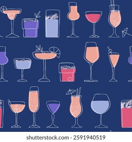 Seamless pattern with glasses and goblets of alcoholic drinks standing in a row. Different types of glasses and goblets with cocktails. Flat vector illustration.