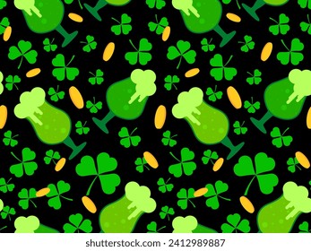 Patrón sin foco con vasos de cerveza verde, hojas de trébol y monedas de oro para el Día de San Patricio. Gafas de cerveza sobre un tallo con espuma en un estilo plano. Diseño para banner y portada. Ilustración del vector