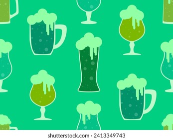 Patrón sin foco con vasos de cerveza verde para el Día de San Patricio. Mugre de cerveza con espuma en estilo plano. Cerveza con espuma en vasos de varias formas y en un tallo. Ilustración del vector